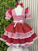 Vestido Junino Infantil  Vermelho Xadrez com Corações e Renda