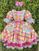 Vestido Junino Arraiá Festas Azul Xadrez Colorido