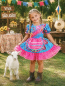 Vestido Infantil Junino Festas Azul Florzinhas Coloridas
