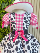 Vestido Infantil Xadrez Pink Fazendinha Vaquinha Boiadeira Laço