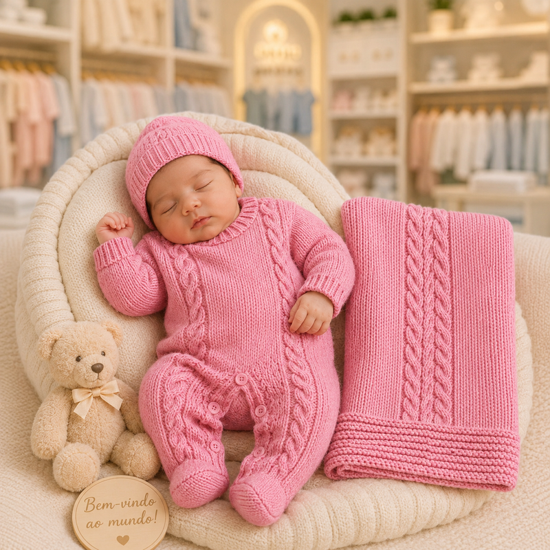 KIT 2 PÇS EM TRICOT SAIDA MATERNIDADE MACACÃO E MANTA LUXO MENINA E MENINO TRICO
