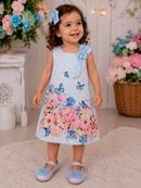 Vestido Infantil Trapézio Azul Bebê Jardim Borboletas Luxo