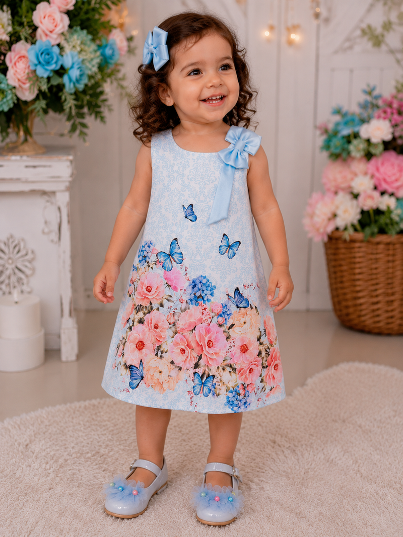 Vestido Infantil Trapézio Azul Bebê Jardim Borboletas Luxo