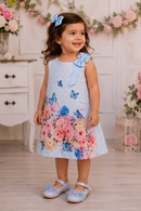 Vestido Infantil Trapézio Azul Bebê Jardim Borboletas Luxo