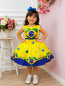 Vestido Infantil Temático Amarelo e Azul Brasil C/ Pérolas