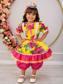 Vestido Infantil Junino Arraiá Amarelo Com Estampa Colorida