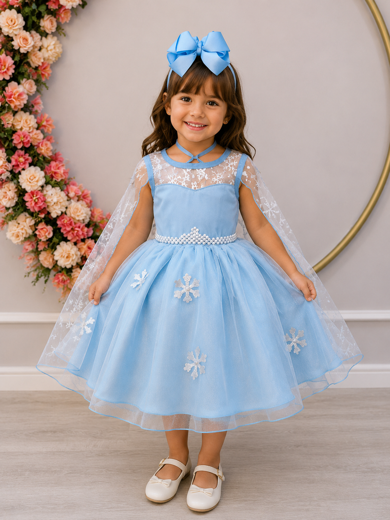 Vestido Infantil Azul Frozen Elsa Gelo C/ Capa de Luxo