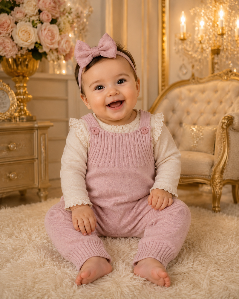 Jardineira Vira Pé Macacão de Tricot Trabalhado Luxo Para Bebê Menino e Menina