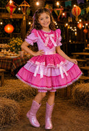 Vestido Infantil Junino Arraiá Rosa Estampa Coraçõezinhos