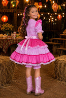 Vestido Infantil Junino Arraiá Rosa Estampa Coraçõezinhos