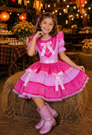 Vestido Infantil Junino Arraiá Rosa Estampa Coraçõezinhos