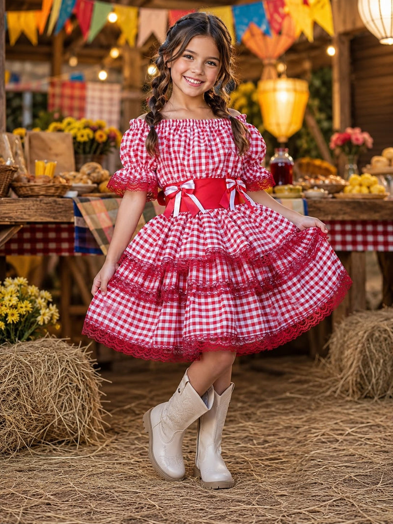Vestido Infantil Junino Arraiá Festas Vermelho Xadrez