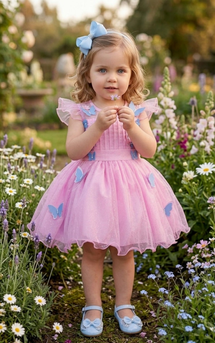 Vestido Marie Jardim Encantado Rosa Borboletas Azul