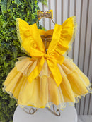 Romper Infantil Temático Princesa Bela Amarelo C/ Laço de Cabelo