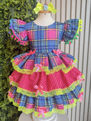 Vestido Infantil Junino Arraiá Capira Xadrez Azul Colorido