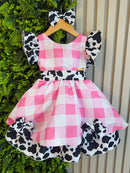 Vestido Infantil Xadrez Branco Rosa Fazendinha Vaquinha Laço