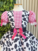Vestido Infantil Xadrez Pink Fazendinha Vaquinha Boiadeira Laço