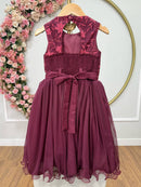 Vestido Infantil Marsala Rendado Luxo Flores em Aplique