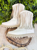 Bota Infantil Off White Bege Claro Cowgirl Franjas Camurça
