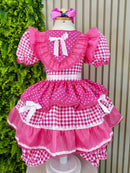 Vestido Junino Infantil  Pink Xadrez com Corações e Renda