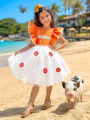 Vestido Infantil da Moana Laranja C/ Apliques de Flores Festa