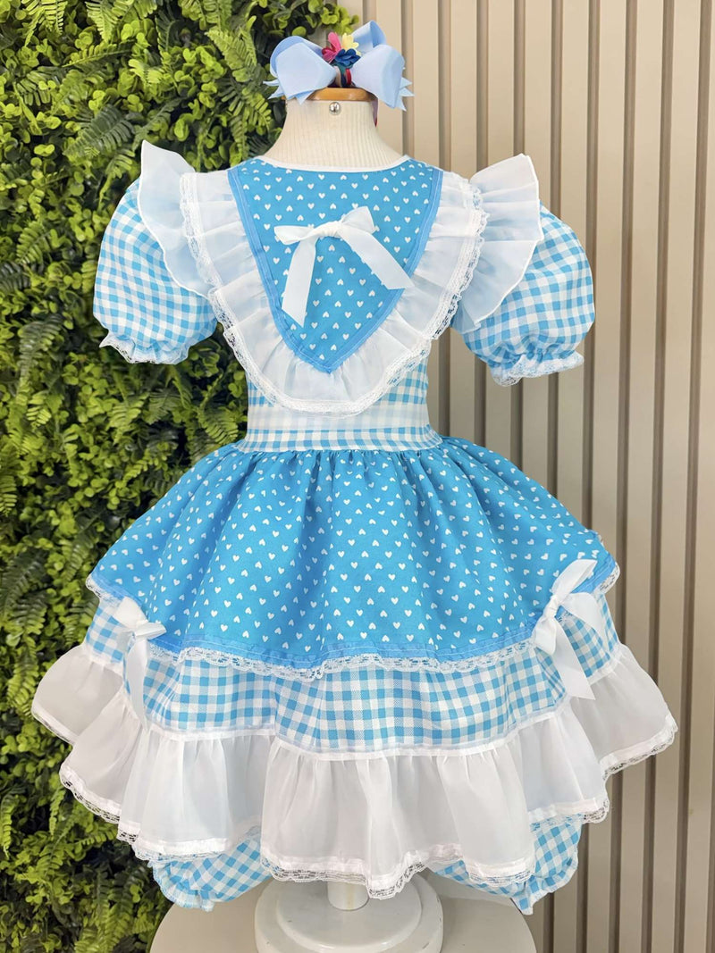 Vestido Junino Infantil Azul Turquesa Xadrez com Corações e Renda