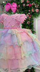 Vestido Infantil Arco-Íris Aurora Candy com Tule em Camadas – Festa Unicórnio, Chuva de Amor, Circo | Envio no Mesmo Dia