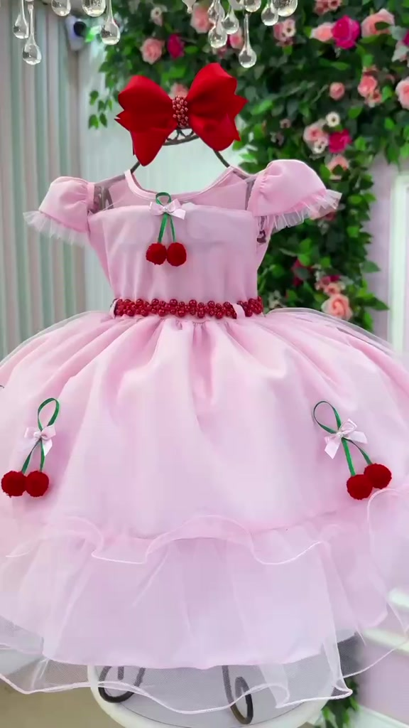 Vestido Refinado Mini Miss Cerejinha Rosa Bebe