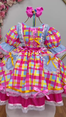 Vestido Junino Arraiá Festas Azul Xadrez Colorido
