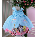 Vestido Infantil Baby Looney Tunes Azul Bebê Festa Luxo + Lacinho 