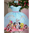 Vestido Infantil Baby Looney Tunes Azul Bebê Festa Luxo + Lacinho 