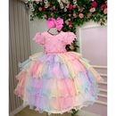 Vestido Infantil Arco-Íris Aurora Candy com Tule em Camadas – Festa Unicórnio, Chuva de Amor, Circo | Envio no Mesmo Dia