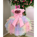 Vestido Infantil Arco-Íris Aurora Candy com Tule em Camadas – Festa Unicórnio, Chuva de Amor, Circo | Envio no Mesmo Dia