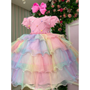 Vestido Infantil Arco-Íris Aurora Candy com Tule em Camadas – Festa Unicórnio, Chuva de Amor, Circo | Envio no Mesmo Dia