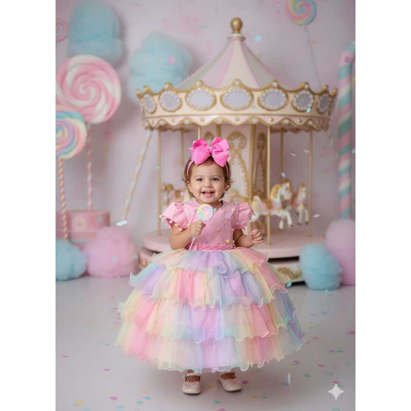 Vestido Infantil Arco-Íris Aurora Candy com Tule em Camadas – Festa Unicórnio, Chuva de Amor, Circo | Envio no Mesmo Dia