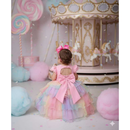 Vestido Infantil Arco-Íris Aurora Candy com Tule em Camadas – Festa Unicórnio, Chuva de Amor, Circo | Envio no Mesmo Dia