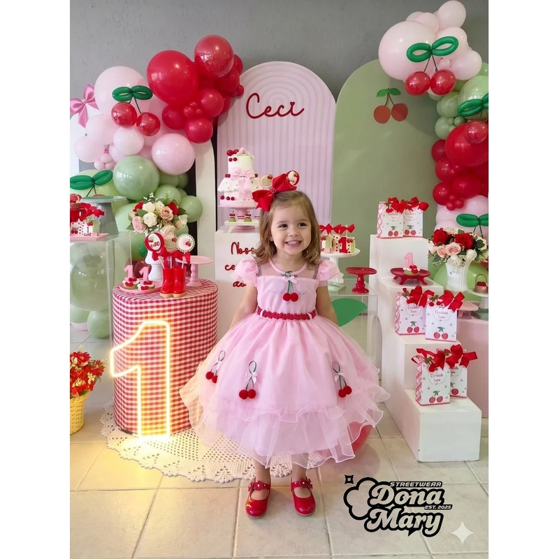 Vestido Refinado Mini Miss Cerejinha Rosa Bebe