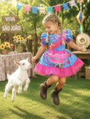 Vestido Infantil Junino Festas Azul Florzinhas Coloridas