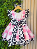 Vestido Infantil Xadrez Branco Rosa Fazendinha Vaquinha Laço