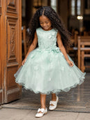 Vestido Infantil Verde Acqua C/ Renda e Aplique de Flores Damas
