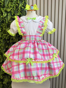 Conjunto Infantil Junino Salopete Xadrez Rosa Verde