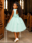 Vestido Infantil Verde Acqua C/ Renda e Aplique de Flores Damas