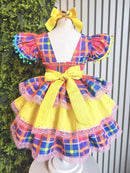 Vestido Infantil Junino Arraiá Capira Xadrez Colorido com Laços e Renda