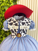 Conjunto Vestido e Colete Infantil Fazendinha Vaquinha Boiadeira Laço