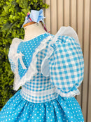 Vestido Junino Infantil Azul Turquesa Xadrez com Corações e Renda