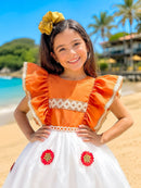 Vestido Infantil da Moana Laranja C/ Apliques de Flores Festa
