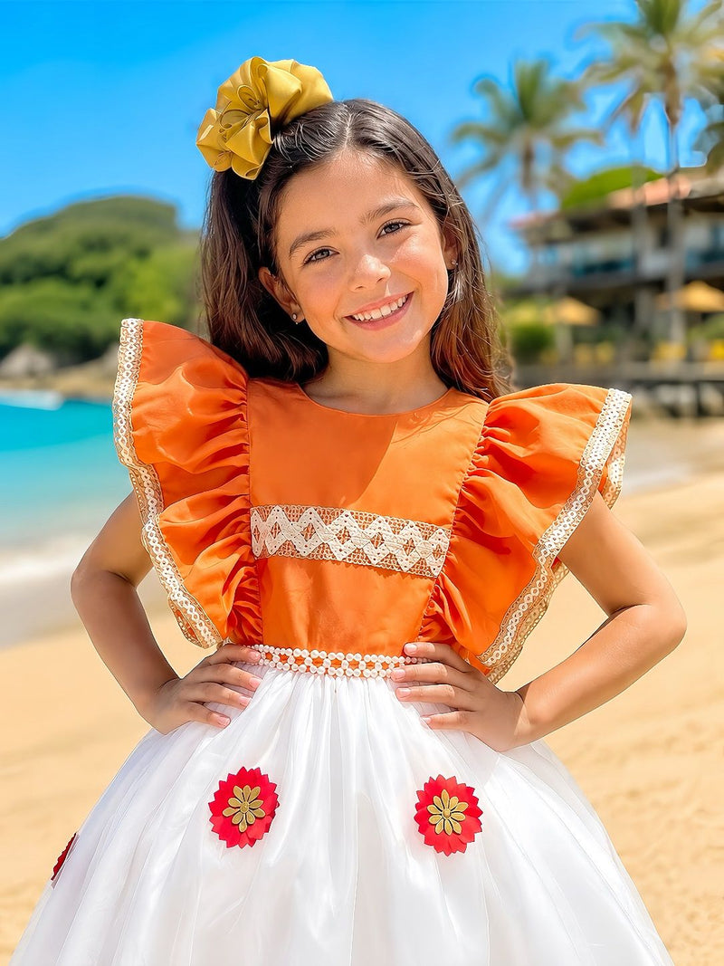 Vestido Infantil da Moana Laranja C/ Apliques de Flores Festa