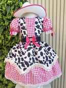 Vestido Infantil Xadrez Pink Fazendinha Vaquinha Boiadeira Laço