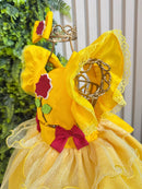 Romper Infantil Temático Princesa Bela Amarelo C/ Laço de Cabelo
