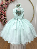 Vestido Infantil Verde Acqua C/ Renda e Aplique de Flores Damas